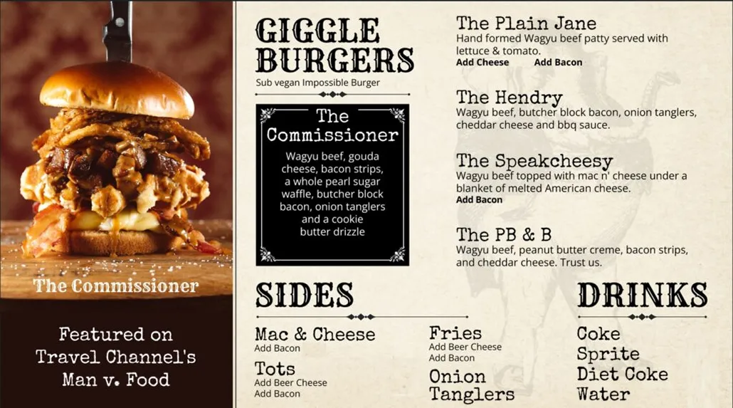 Giggle Burgers menu featuring 'The Commissioner' - a towering burger with Wagyu beef, gouda cheese, bacon strips, sugar pearl waffle, butcher block bacon, onion tanglers and cookie butter drizzle. Left side shows appetizing photo of the stacked burger. Menu lists other burgers including The Plain Jane, The Hendry, The Speakcheesy, and The PB & B, plus sides (Mac & Cheese, Tots, Fries, Onion Tanglers) and drinks. Note states 'Featured on Travel Channel's Man v. Food' and offers vegan Impossible Burger substitute.