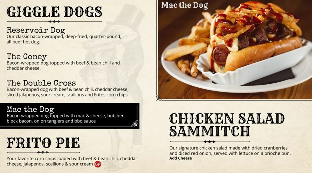 Giggle Dogs menu featuring specialty hot dogs and sides. Upper right shows 'Mac the Dog' - bacon-wrapped hot dog topped with mac and cheese, butcher block bacon, onion tanglers and BBQ sauce, served on a plate with fries. Menu lists Reservoir Dog (classic bacon-wrapped deep-fried quarter-pound hot dog), The Coney (topped with beef and bean chili and cheddar cheese), The Double Cross (with beef and bean chili, cheddar cheese, jalapenos, sour cream, scallions and Fritos), Mac the Dog, Frito Pie (corn chips loaded with beef and bean chili, cheddar cheese, jalapenos, scallions and sour cream), and Chicken Salad Sammitch (signature chicken salad with dried cranberries and diced red onion on brioche bun).